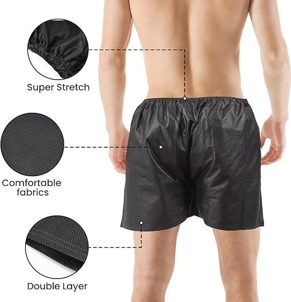 Men’s Boxer Shorts, Disposable Shorts for Massage, Tanning, Waxing and Medical Services, Individually-Wrapped, free Size Fits Most, Black, 50-Count