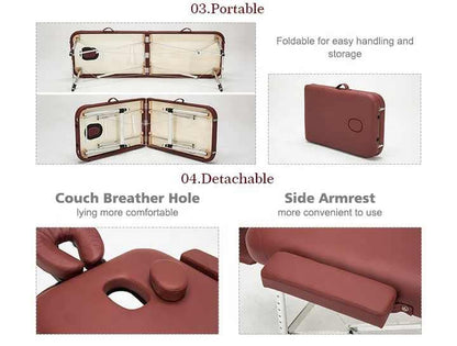 Professional 2 Folding Adjustable Massage Table -BreathHole-Flexible Rest-burgundy color-loading Capacity 250 Kg