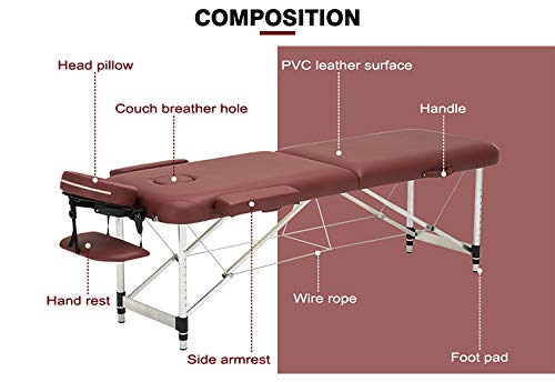 Professional Aluminum 2 Folding Adjustable Massage Table -BreathHole-Flexible Rest-loading Capacity 250 Kg Dimension 186 * 70 * 59 Burgundy Color