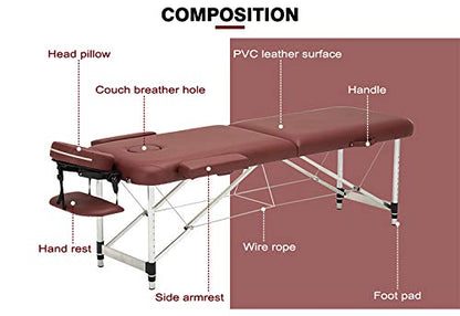 Professional Aluminum 2 Folding Adjustable Massage Table -BreathHole-Flexible Rest-loading Capacity 250 Kg Dimension 186 * 70 * 59 Burgundy Color