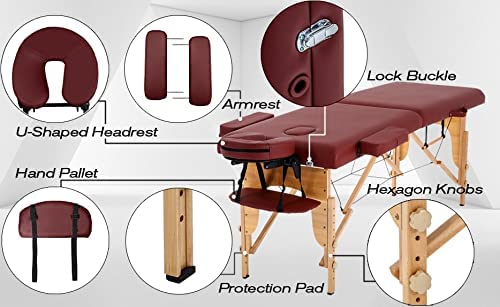 Professional Portable Massage Bed Heavy Duty Up to 250kg Loading Capacity (Burgundy, 186 x 70 x 59/80cm)