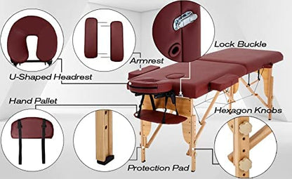 Professional Portable Massage Bed Heavy Duty Up to 250kg Loading Capacity (Burgundy, 186 x 70 x 59/80cm)