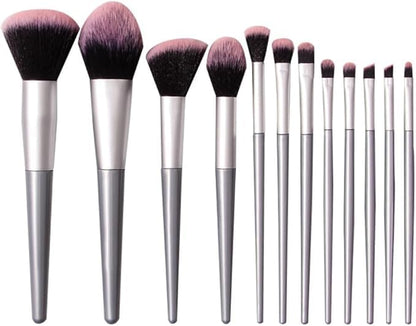 Professional 12-Piece Makeup Brush Set, Soft Synthetic Bristles, Natural Wood and White Handles, Face and Eye Application