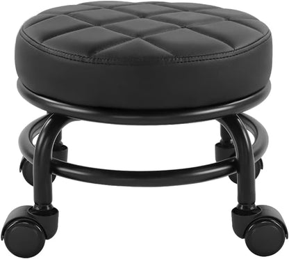 Round Rolling Stool, PU Leather Low Floor Seat with Universal Caster Wheels, Black Quilted Design for Home, Fitness, Sport, Pedicure