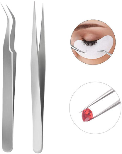 LA PERLA TECH 2Pcs Professional Stainless Steel Nail Art Tweezers Curved Straight Tip False Eyelash Extension Nippers Clip Tweezers Set for Nail Art Sticker