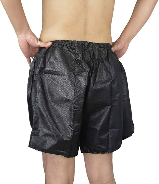 Men’s Boxer Shorts, Disposable Shorts for Massage, Tanning, Waxing and Medical Services, Individually-Wrapped, free Size Fits Most, Black, 50-Count