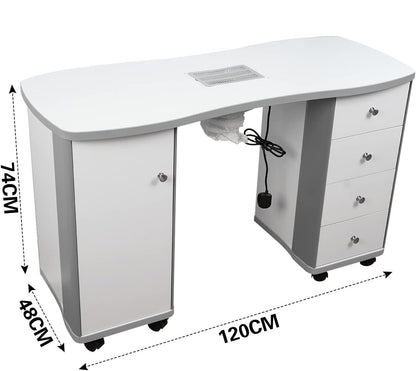 LA PERLA TECH Manicure Table Nail Desk with Dust Collector Professional Nail Table for nician Spa Salon Workstation, Wrist Pad Lockable Wheels, Cabinet, Drawers