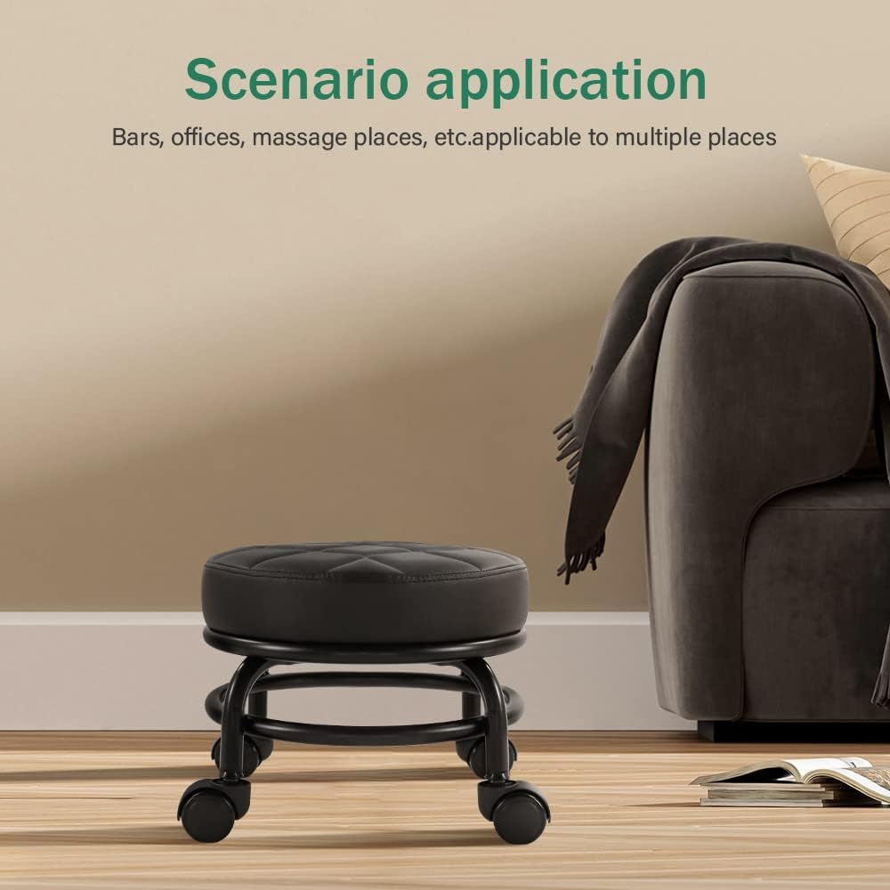 Round Rolling Stool, PU Leather Low Floor Seat with Universal Caster Wheels, Black Quilted Design for Home, Fitness, Sport, Pedicure