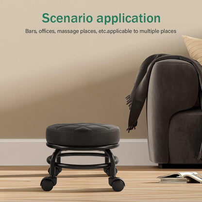 Round Rolling Stool, PU Leather Low Floor Seat with Universal Caster Wheels, Black Quilted Design for Home, Fitness, Sport, Pedicure