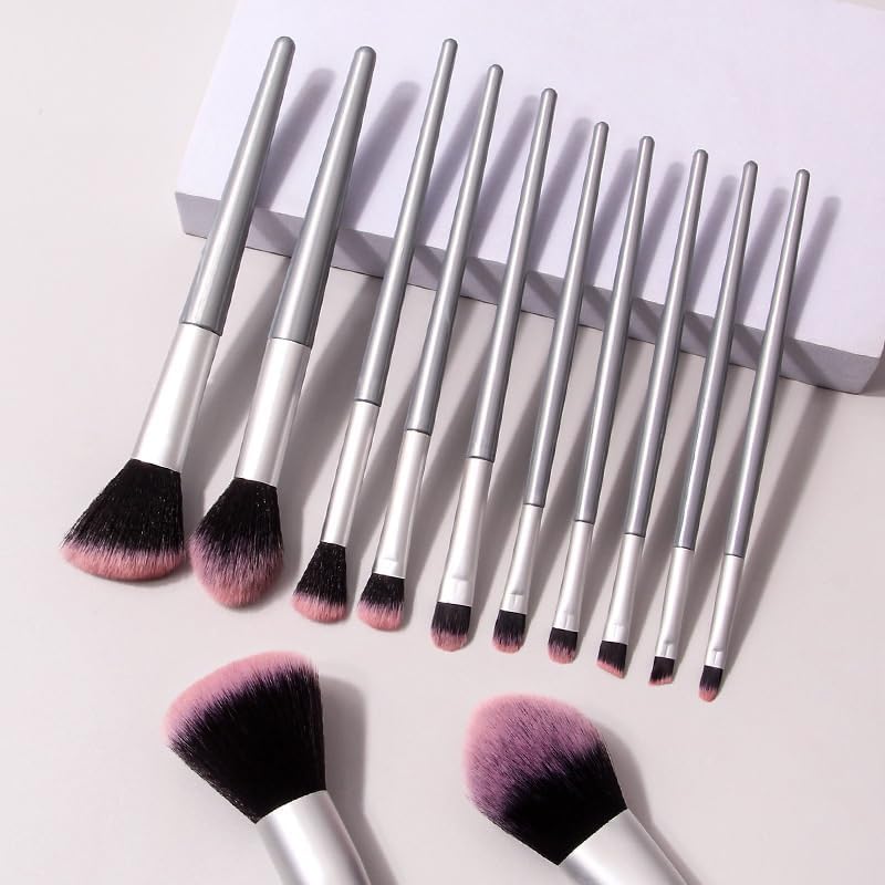 Professional 12-Piece Makeup Brush Set, Soft Synthetic Bristles, Natural Wood and White Handles, Face and Eye Application