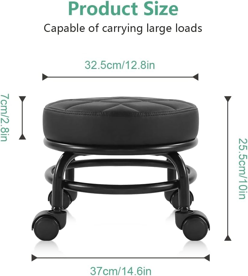 Round Rolling Stool, PU Leather Low Floor Seat with Universal Caster Wheels, Black Quilted Design for Home, Fitness, Sport, Pedicure