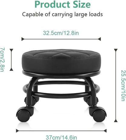 Round Rolling Stool, PU Leather Low Floor Seat with Universal Caster Wheels, Black Quilted Design for Home, Fitness, Sport, Pedicure