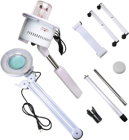 Facial Steamer with 5X Magnifying Lamp, 2 in 1 LED with Rolling Wheel Stand Magnifying Floor LED Light for Professional Facial Skincare Beauty Salon Spa Manicure Makeup