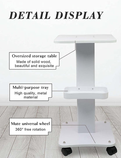 Hydra Facial Beauty Machine Cart Rolling Trolley White Stand Wooden Tray Aluminum Alloy Frame 360° Free Rotation for Beauty Clinic Salon Spa Equipment