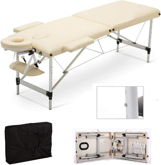 LA PERLA TECH Massage Table Massage Bed Portable 2 Section Folding Couch Bed Lightweight Adjustable for Height Beauty Salon Tattoo Therapy, 230kgs/500lbs Max Weight Capacity, Aluminum Frame -Beige
