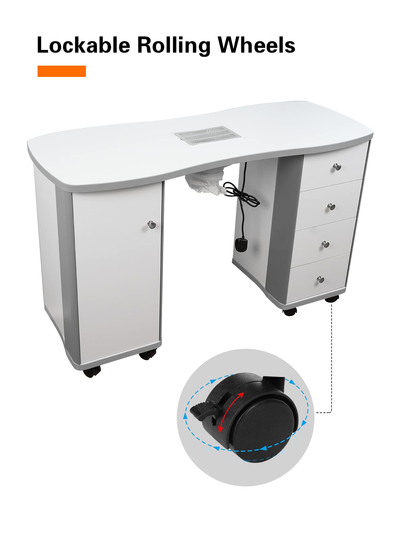 MEISHIDA Manicure Table Nail Desk with Dust Collector Professional Nail Tech Table for Technician Spa Salon Workstation, Wrist Pad Lockable Wheels, w/Cabinet, Drawers