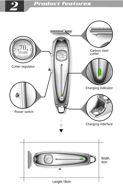 Kemei Original KM-1949 Professional Rechargeable and Cordless Hair Clipper Runtime: 120 min Trimmer for Men (Silver)
