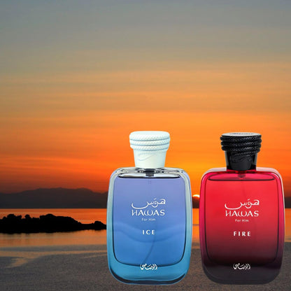 RASASI Hawas Ice For Him & Hawas Fire Eau De Parfum Sprays 100ML (3.4 OZ) Fresh, Bold & Fiery Fragrances For A Lasting Impression. (Ice & Fire Bundle)