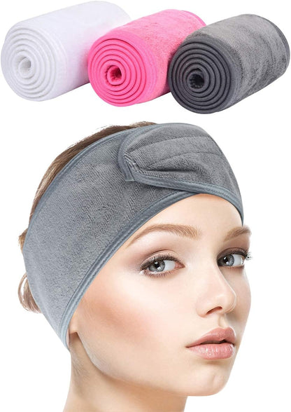 3PINK-GRAY-WHITE Headband, Adjustable Spa Facial Headbands Terry Cloth Stretch Make Up Wrap for Face Washing, Shower, Facial Mask, Yoga, Sport Headband with Magic Tape For Women
