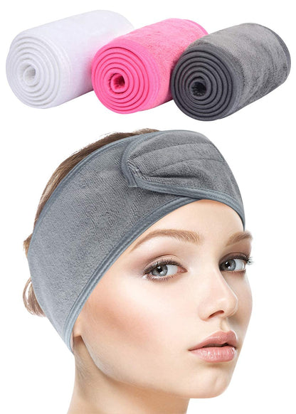 3PINK-GRAY-WHITE Headband, Adjustable Spa Facial Headbands Terry Cloth Stretch Make Up Wrap for Face Washing, Shower, Facial Mask, Yoga, Sport Headband with Magic Tape For Women
