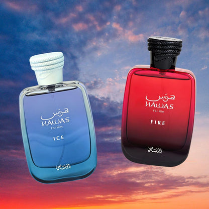 RASASI Hawas Ice For Him & Hawas Fire Eau De Parfum Sprays 100ML (3.4 OZ) Fresh, Bold & Fiery Fragrances For A Lasting Impression. (Ice & Fire Bundle)