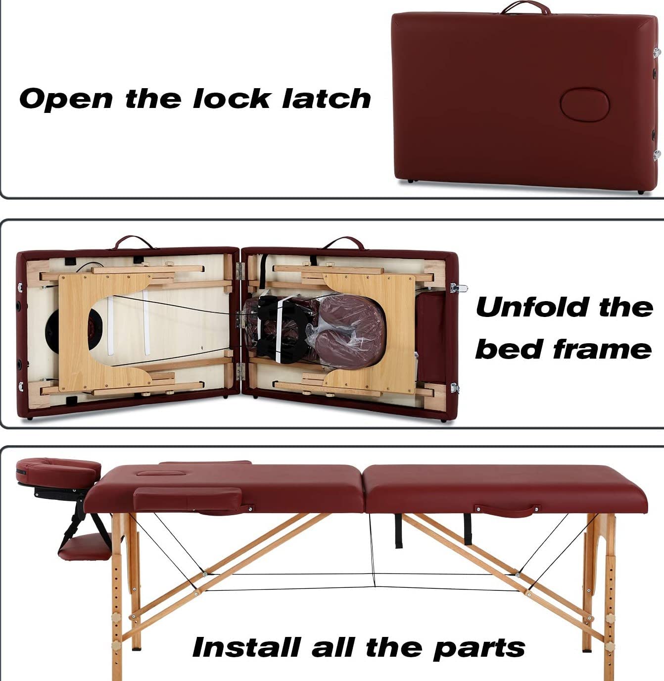 Professional Portable Massage Bed Heavy Duty Up to 250kg Loading Capacity (Burgundy, 186 x 70 x 59/80cm)