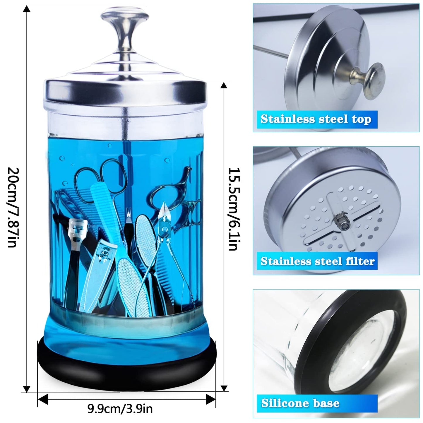 Salon Disinfecting Jar- Removable Basket and Stainless Steel Parts, Small Size