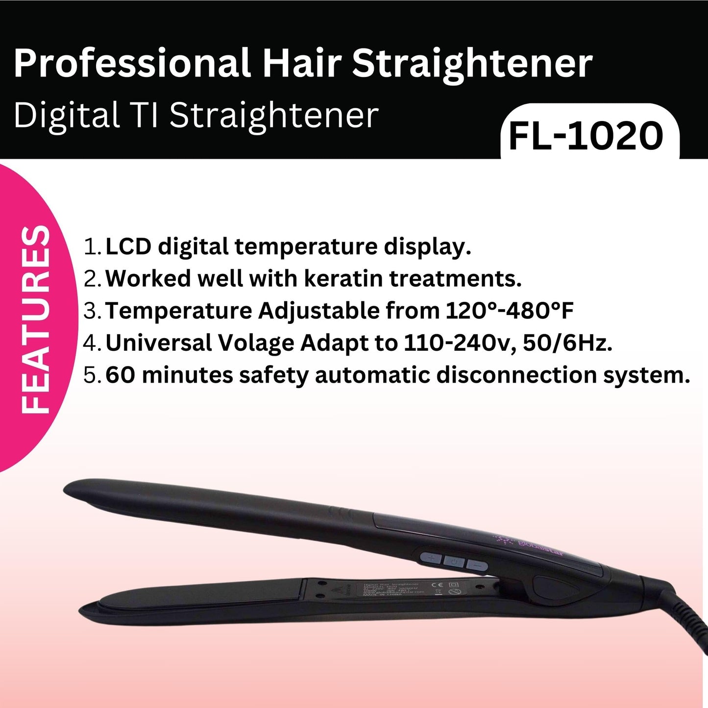 Globalstar FL-1020 Professional Digital Hair Straightener with titanium & Infrared Ionic Technology 480°F