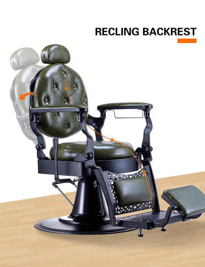 Professional  Barber Chair Heavy Duty Metal Frame, Large Pump Hydraulic, Swivel & Reclining Chair, Men's Hair Styling, Hair Cutting Salon Chair (Green-black)