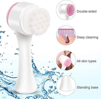 Manual Facial Cleansing Brush, 2-in-1 Skin Care face Brush, Silicone Facial Scrubber Manual Dual Face Wash Brush for Deep Pore Exfoliation Massaging (Pink)