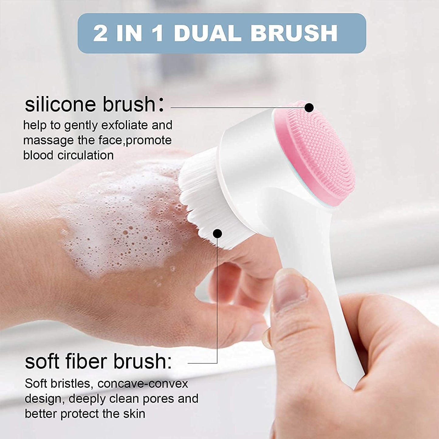 Manual Facial Cleansing Brush, 2-in-1 Skin Care face Brush, Silicone Facial Scrubber Manual Dual Face Wash Brush for Deep Pore Exfoliation Massaging (Pink)