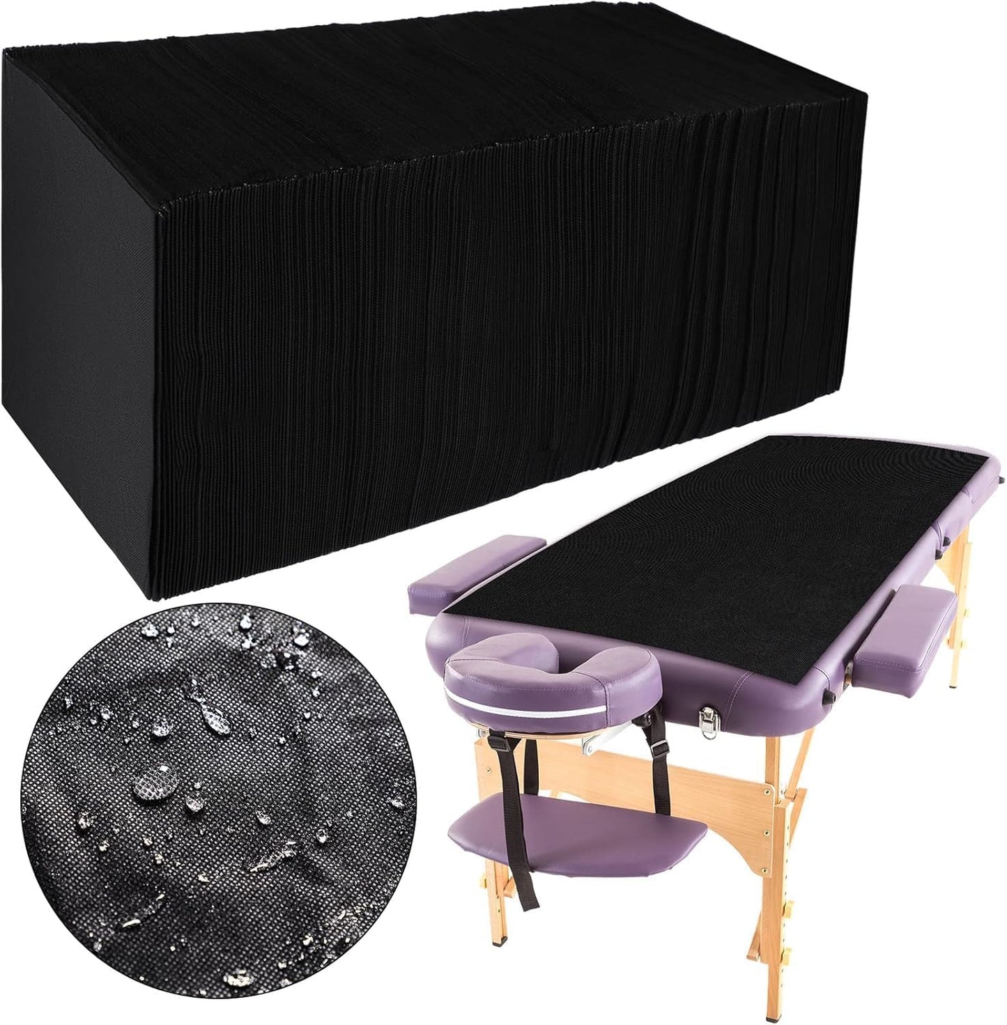 Disposable Massage Table Sheets, Non-woven Fabric Spa Bed Cover for Esthetician, Waxing, Lash Salon, Black, 50 Pieces per Roll