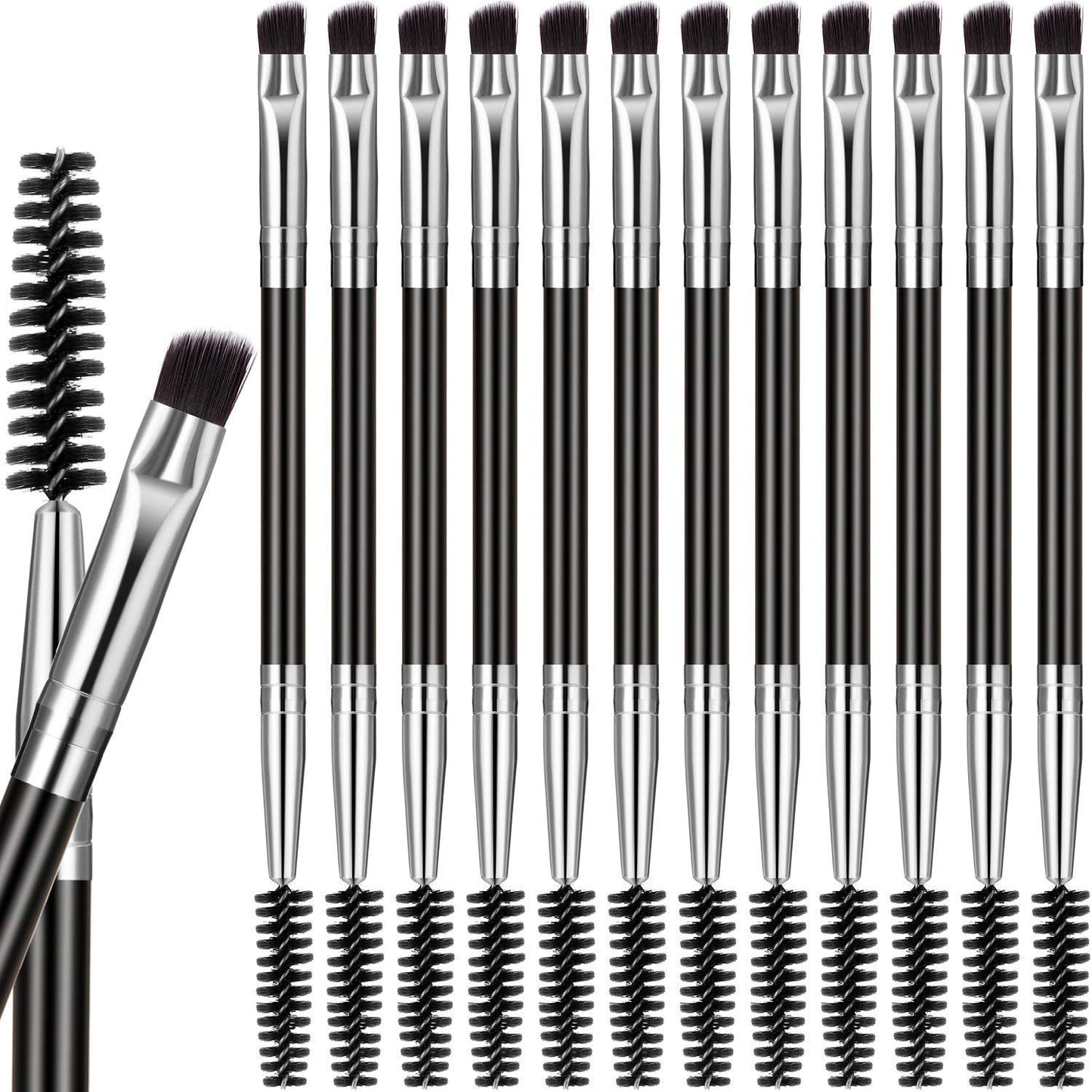 Eyebrow Spoolie Brushes, Dual-Ended Brow Comb, Black and Silver, 12 Pack