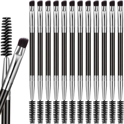 Eyebrow Spoolie Brushes, Dual-Ended Brow Comb, Black and Silver, 12 Pack