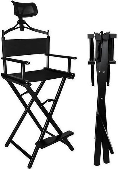 Professional Folding Makeup Artist Makeup Portable Directors Makeup Artist Chair With Headrest, Aluminum Black Tall Directors Chair With Adjustable Height For Beauty Salon