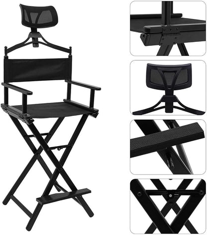 Professional Folding Makeup Artist Makeup Portable Directors Makeup Artist Chair With Headrest, Aluminum Black Tall Directors Chair With Adjustable Height For Beauty Salon