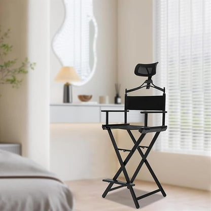 Professional Folding Makeup Artist Makeup Portable Directors Makeup Artist Chair With Headrest, Aluminum Black Tall Directors Chair With Adjustable Height For Beauty Salon